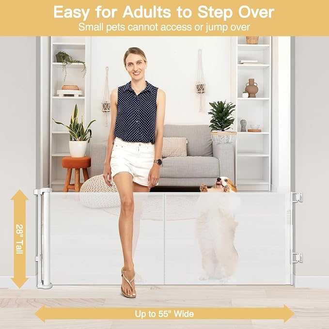 Reinforced 28 Inch Tall Retractable Baby Gates for Dogs, Easy Step Over Pet Gate with Support Rods, 55" Wide Retractable Dog Gate, Puppy Gates for The House Short Dog Gate for Stairs, Doorways, White