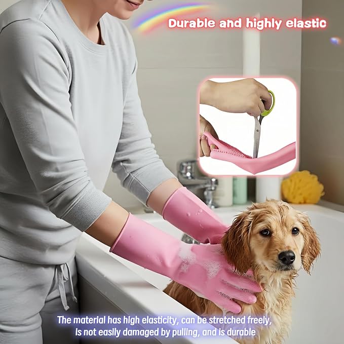 Silicone Dog Grooming Glove for Dogs and Cats, Enhanced Five-Finger Fit, Non-Slip & Extended Cuff, Dual-Sided Pet Bath Brush for Washing, Massage & Deep Cleaning 1 Pair (Pink)