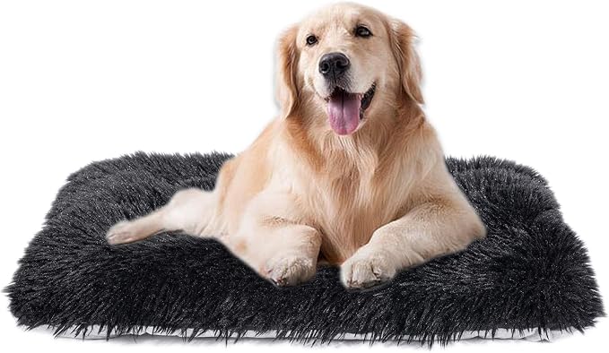 Machine Washable Dog Bed, Deluxe Plush Dog Crate Pad and Cat Bed, Anti-Slip Bottom Kennel Pad Mat, Fuzzy Pet Beds for Large, Medium, Small Dogs Breed (Black, 24.0" L x 18.0" W x 3.0" Th x 1 Pack)