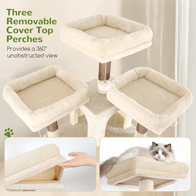 Globlazer Cat Tree Tower for Multiple Adult Cats, 82 inch, F82, Beige | XXL Tall Cat Tree Tower for Indoor Cats with Scratching Post, 3 Perches, 2 Condos, 2 Hanging Baskets