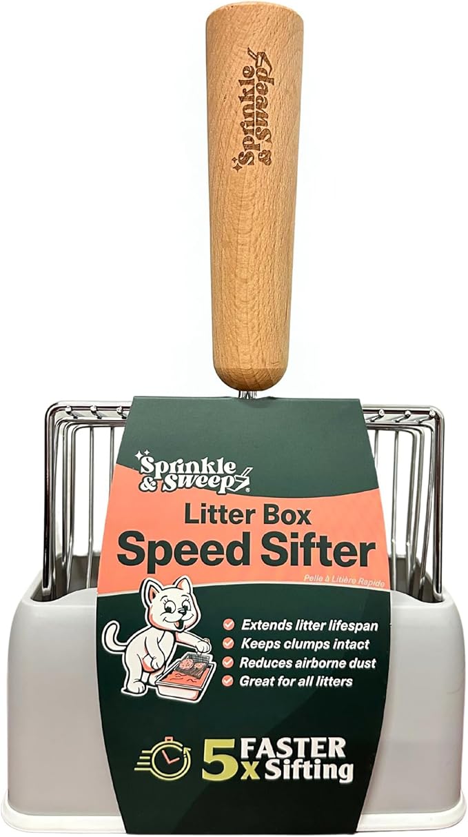 Cat Litter Scoop, Metal Litter Scooper – 5X Faster No-Shake Sifting Design, Stainless Steel Litter Scoop with Holder, Reduces Dust & Waste – Sprinkle & Sweep
