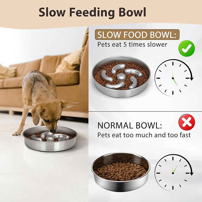 Slow Feeder Dog Bowl, 2 Cups Stainless Steel Heavy Duty with Non-Slip Base 8.7 inch Puzzle Maze Dog Food Bowls for Medium, Large Breed Size Dogs to Slow Down Eating