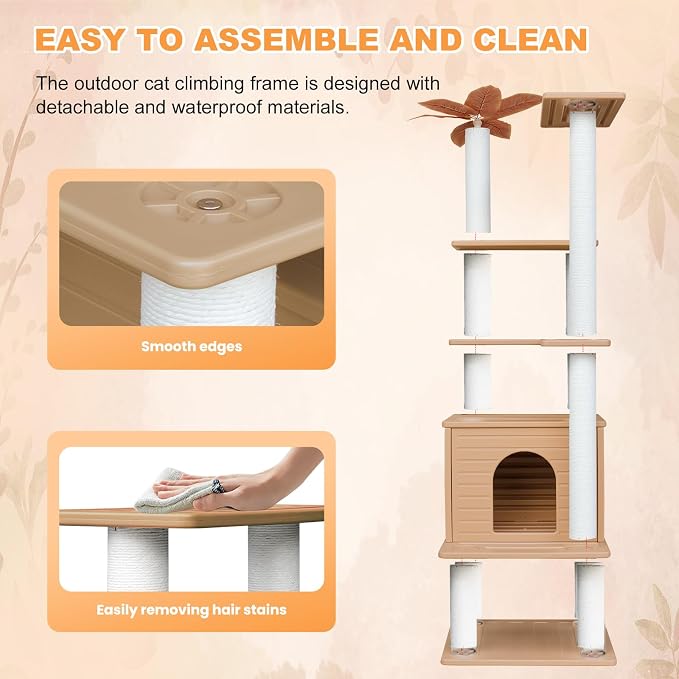 63in Outdoor Large Cat Tower,Weatherproof Multi-Level Design with Cat Condo | Khaki Heavy-Duty Cat Tree with Waterproof PE Panels,Durable Cat Scratching Posts,for Indoor and Outdoor Cat Houses CTT-6