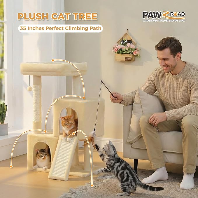 PAWZ Road Cat Tree, 35 Inches Cat Tower with Dual Condos for Adult Cats,Enlarged Top Perch, Scratching Posts&Pad for Indoor Cats-Beige