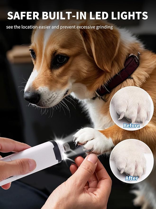 Electric Dog Nail Grinder for Small Medium Large Breeds with LED Lights | Diamond Grinding Heads, 3-speed Adjustable, Pain-Free, Ultra-Quiet below 50dB, 8 Hours Long-Lasting, USB Fast Charging