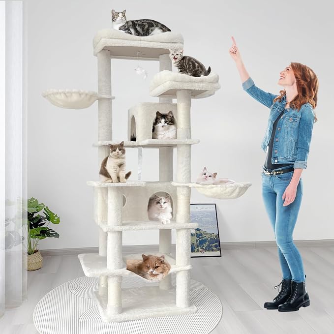 Beige 68 Inches Multi-Level Large and Tall Cat Tree Tower for Indoor Cats/Removable Pad/Cat Condo/Sisal Scratching Posts/Hammock/Cat Activity Center/Wide Base,White