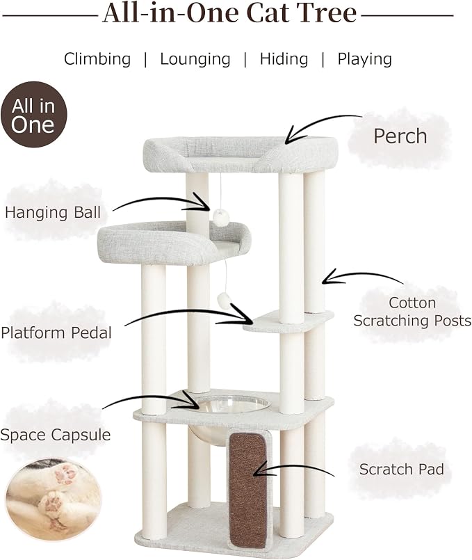 Cat Tree for Large Cat, Modern Senior Friendly Cat Tower with Wide Shelves Low Step, Cotton Scratching Posts, Super Sturdy Base, Cozy Perches, and Interactive Toys (Gray)