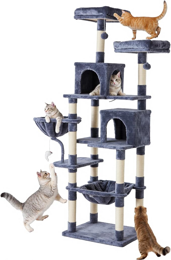 DUMOS Tall 71 inch Cat Tree Tower with Scratching Posts, Indoor Cats Use | Large Multi Level Cat Climbing Tower with Condo, Platform, Hammock, Basket, Pet Tree House for Kittens Play, Dark Grey