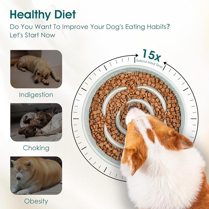 vancasso Slow Feeder Dog Bowl, 1.5 Cups Ceramic Dog Food Dish for Fast Eaters Medium Breed, Puzzle Bowl for Small Dogs and Cats, Grayish Cyan