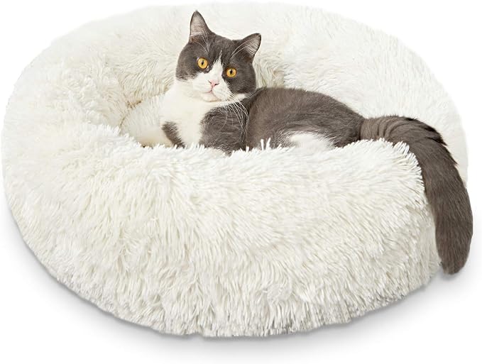 HACHIKITTY Calming Donut Cuddler Dog Bed, Round Fluffy Pet Bed for Small Dogs,Washable, Large, White, 24''