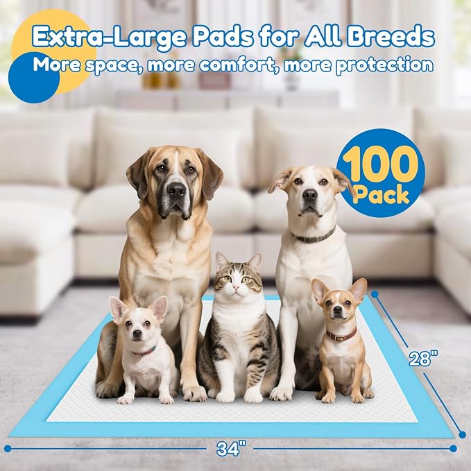 Extra Large Dog Pee Pads 28" x 34" - Barpor 5-Layer Super Absorbent Puppy Pads with Leak-Proof Quick-Dry & Fast-Edge Absorption, Disposable Dog Training Pads Anti-Slip, 100 Pack