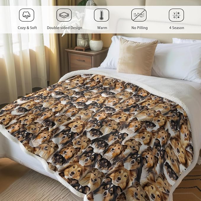 BlessLiving Fuzzy Dog Blanket for Kids Adults Puppy Lovey Fleece Blanket Reversible Animal Pattern Sherpa Throw (Shetland Sheepdog, 60 x 80 Inches)