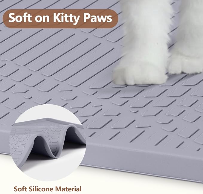 Silicone Cat Litter Box Mat 34'' x 22'' Cat Mat with Toy, Grey | Extra Large Litter Mat with lip, Non-Slip Waterproof Cat Litter Mat Litter Trapping Mat for Floor, Easy to Clean
