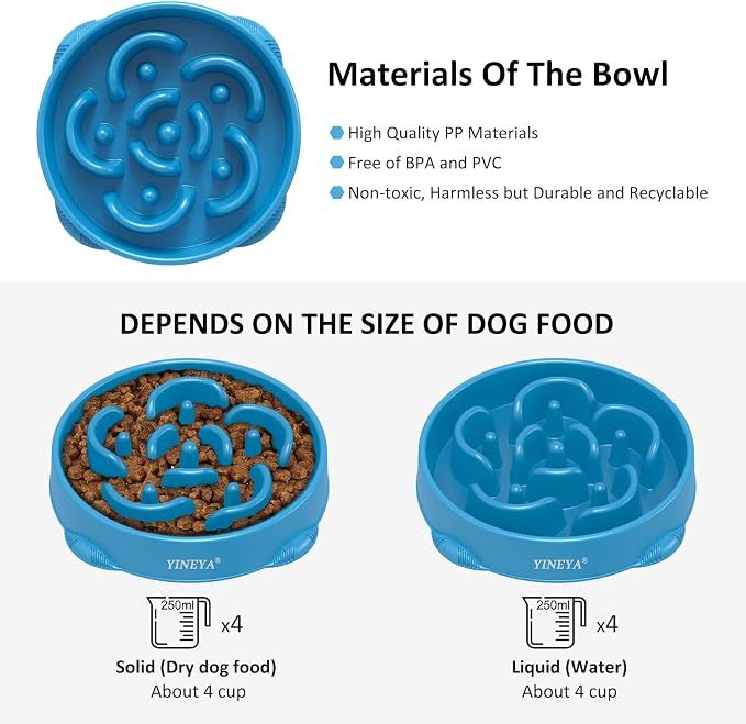 YINEYA 4 Cups Slow Feeder Dog Bowls Large Breed, Anti-Choking Pet Supplies, Maze Dog Food Bowl, Puzzle Feeder That Slow Down Eating 2PCS