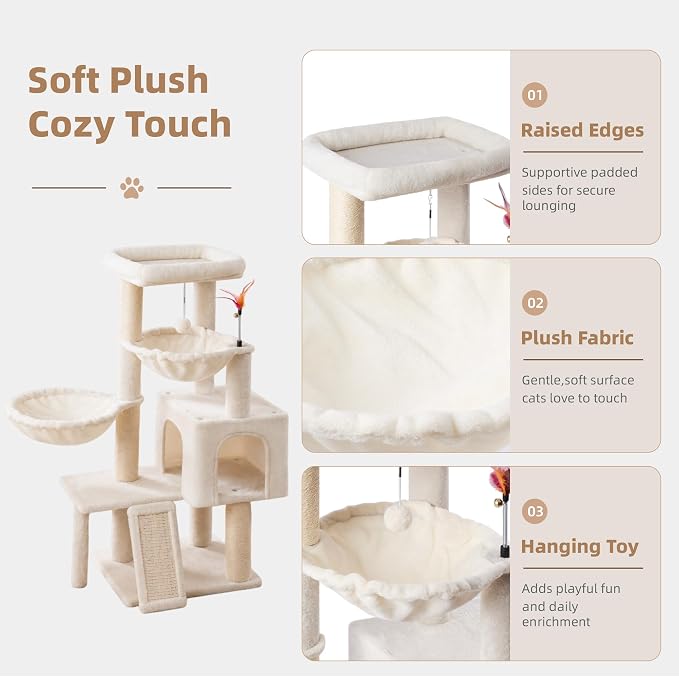 Cat Tree with Cat Condo and Two Hammocks, Cat Tree with Scratching Posts and Scratching Pads, Cat Tower for Indoor Cats, Activity Centre Climbing Tree with Playful Toy Balls, Beige