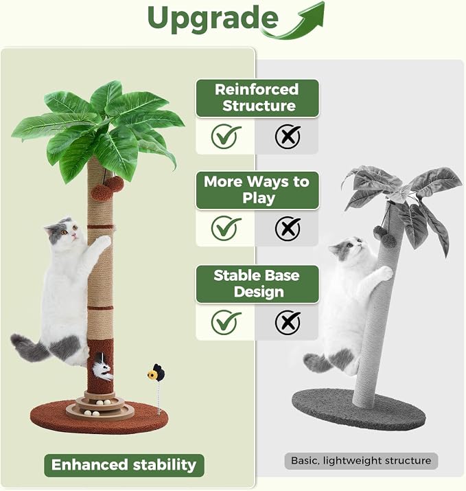 Made4Pets 35" Tall Cat Scratching Post with Sisal Rope, Interactive Hanging Balls, Toy Mouse and Two-Layer Ball Track Cat Toys, Palm Tree Cat Scratcher Tower for Indoor Cats and Kittens