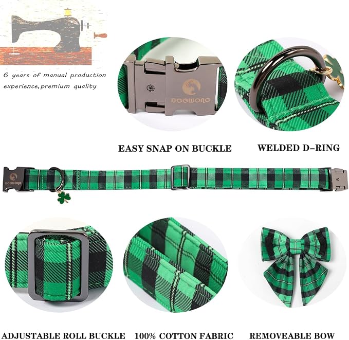 DOGWONG St. Patrick's Day Dog Collar with Sailor Bowtie, Green Plaid Bowtie Dog Collar for Small Medium Large Dogs,XL
