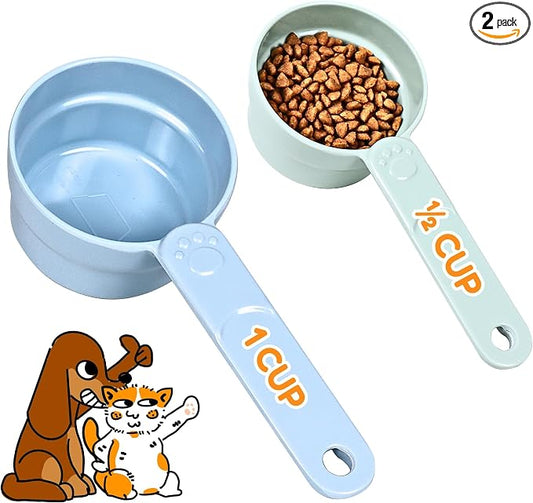 1 Cup & 1/2 Cup Dog Food Scoop, Extra Long Handle Sturdy Melamine Pet Food Measuring Scoop with Clear Marking Lines, BPA-Free, Shatterproof, Dishwasher Safe (Green + Blue, 1 Cup + 1/2 Cup)