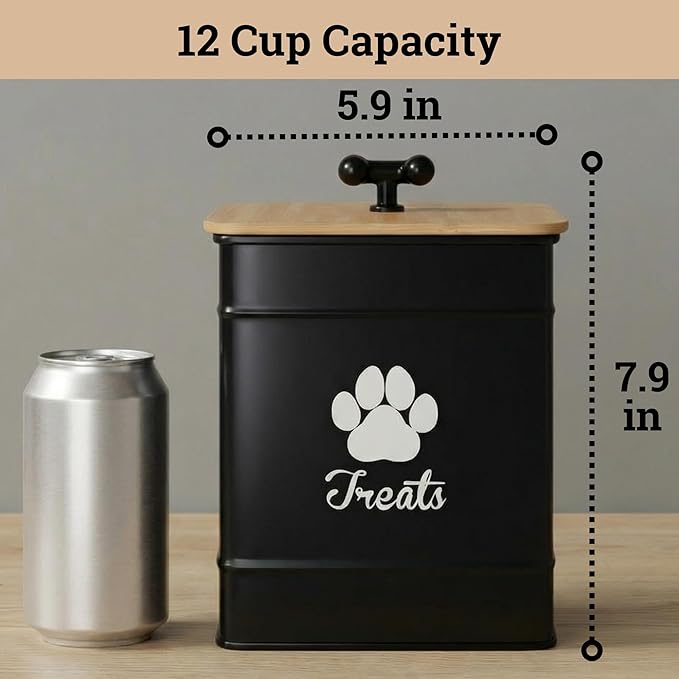 Dog Treat Container Airtight - 6 Inch Wide x 8 Inch Tall Iron Dog Treat Jar for Kitchen Counter with Airtight Bamboo Lid - 12 Cup Capacity Pet Treat Container - Doggie Cookie Jar - Big Treats Canister