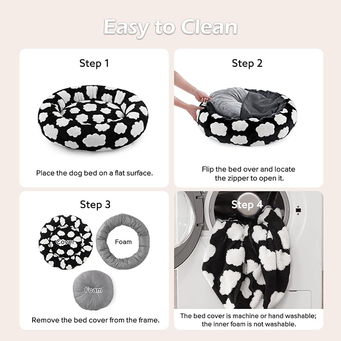JOEJOY Donut Large Dog Bed, Cute Round Calming Dog Bed with Removable Washable Cover, Orthopedic Pet Beds with Jacquard Shaggy Plush & Non Skid Bottom, Black