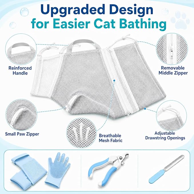 Cat Bathing Set with Pet Grooming Gloves for Cat Grooming, Upgraded Breathable Cat Bag for Bath with Openable Zipper and Reinforced Handle, Cat Washing Set with Nail Clipper File (Gray)