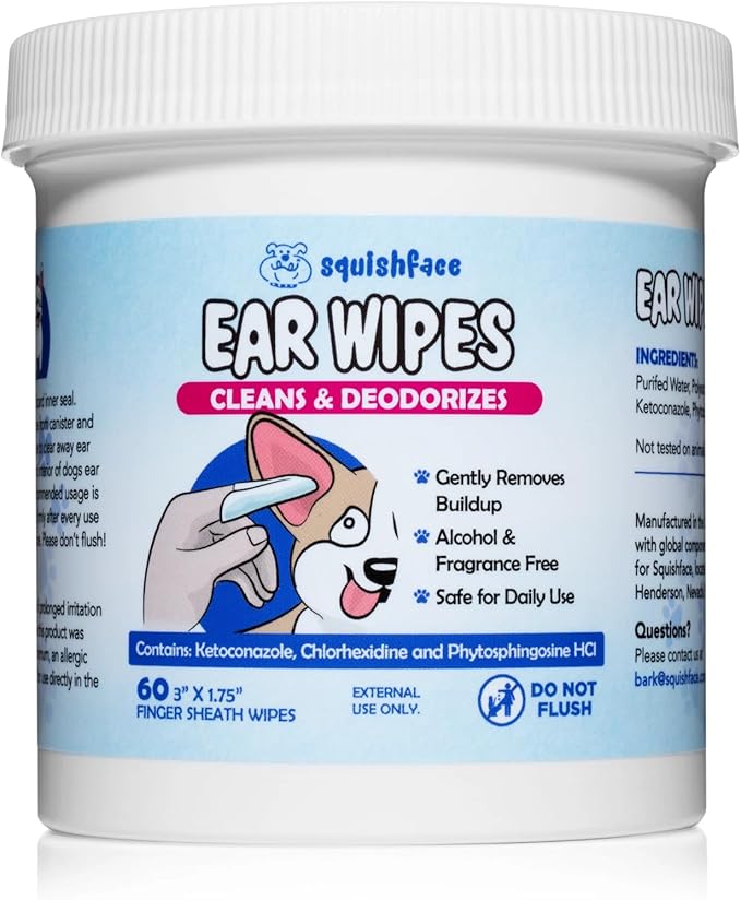 Squishface Ear Wipes – Finger Wipe Dog Ear Itch & Cleaner, 60 Count