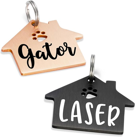 Ultra Joys Dog Tags Personalized for Pets - Hollow Paw Custom Pet ID Tag - Engraved Dog Tag for Small, Large Dogs - Large House in Rose