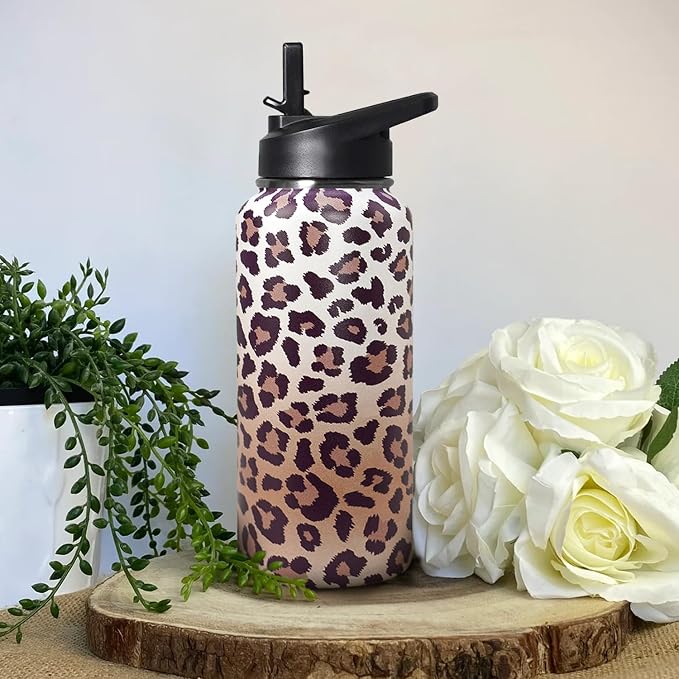 32ozLeopard Print Stainless Insulated Aater Water Bottle with Straw,Leopard Print Cheetah Gym Hiking Sports Coffee Mug Cup Water Bottles,Leopard Print Decor Stuff Accessories