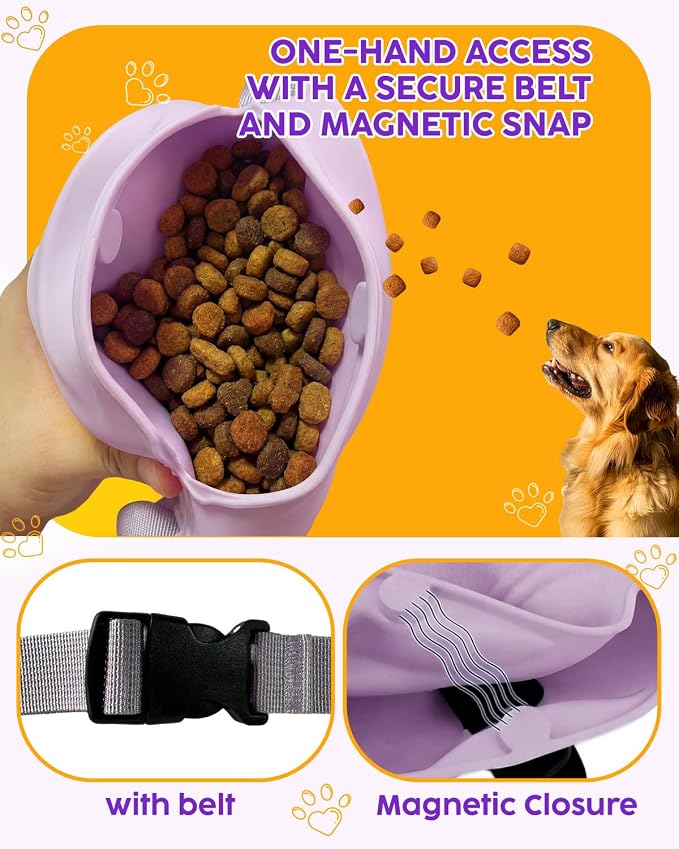 One-Hand Access 2-Pack Silicone Dog Treat Pouches with 2 Training Clickers - Magnetic Auto-Closing Lid, Extended Waist Belt, Pocket-Sized for Walks