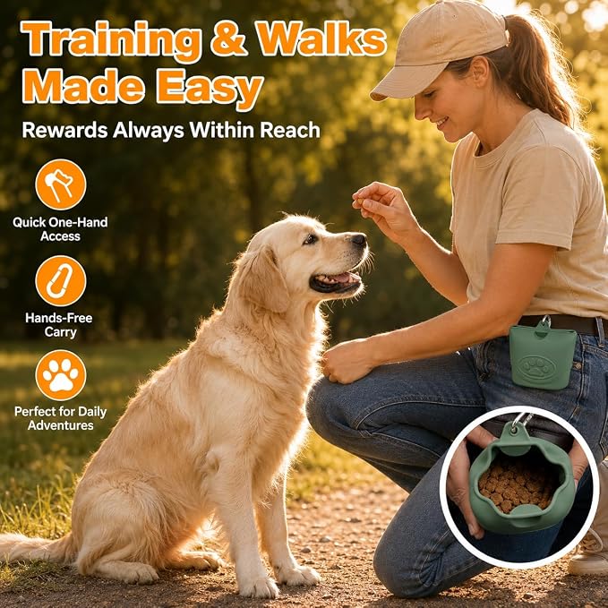 Upgraded Dog Treat Pouch with Strong Magnetic Closure - Small Silicone Training Bag, Waist-Mounted Clip & Leash Carabiner, Airtight Portable Treat Bag (Dark Green)
