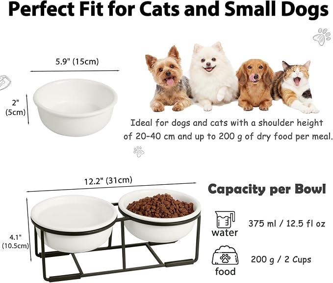 Ceramic Elevated Dog Bowl Set - Double Dog Food and Water Bowls with Metal Stand - Raised Pet Dishes for Puppies and Cats - 2 Cups - 12.5 fl oz - Matte White