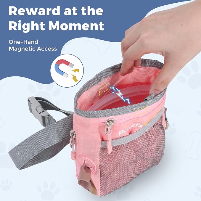 Dog Treat Pouch for Pet Training, One-Hand Magnetic Closure, Hands-Free Treat Bag with Silicone Liner, No Mess No Smell
