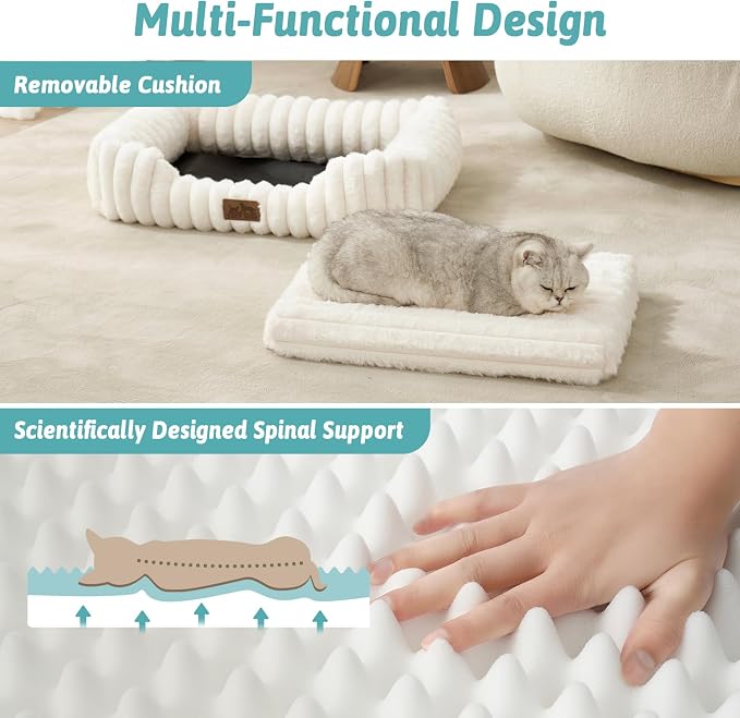 COZY KISS Orthopedic Pet Bed for Small Cats - Washable Rectangle Pet Bed with Anti-Slip Bottom, Soft Calming Cat & Puppy Bed for Indoor Pets (20"x18"x6", Cream)