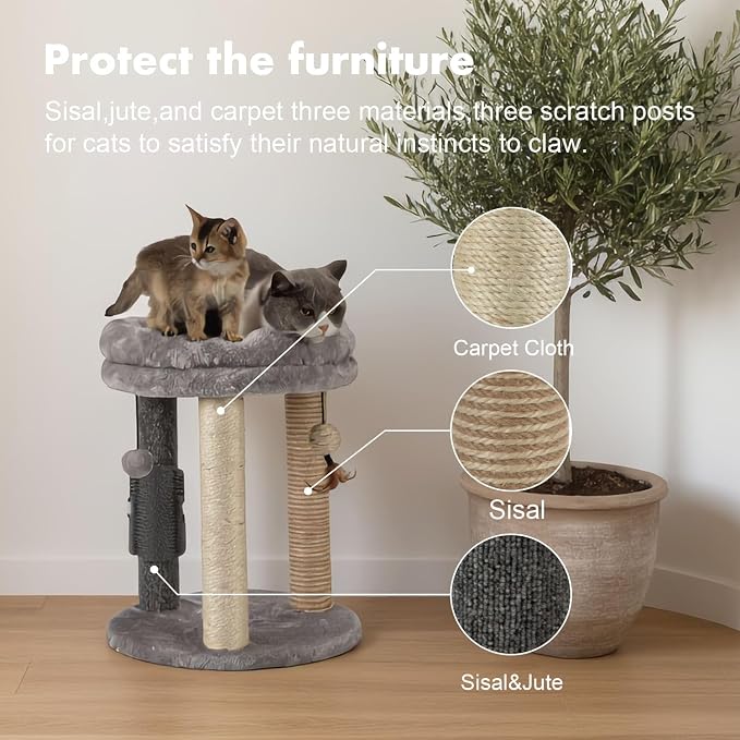 MECOOL 4in1 Small Cat Tree,Scratching Post with Tower Soft Bed, Sisal Carpet Jute Posts with Three Hanging Ball Toys and Massage Brush for Indoor Cats and Kittens