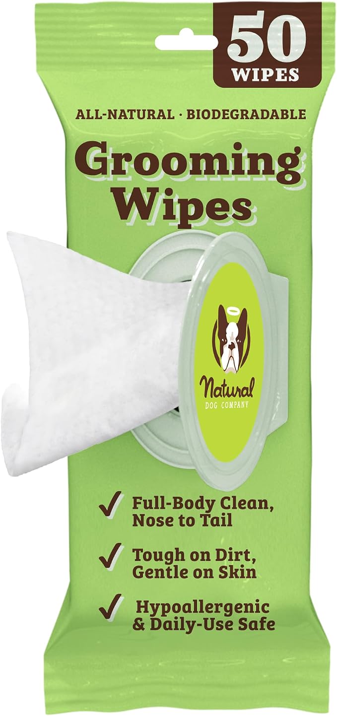 Natural Dog Company XL Dog Wipes for Paws and Butt - Hypoallergenic, Biodegradable, Fragrance Free - Large 7×8 inch Grooming Wipes for Dogs Face and Body - Sensitive Skin Pet Wipes - 50 Count