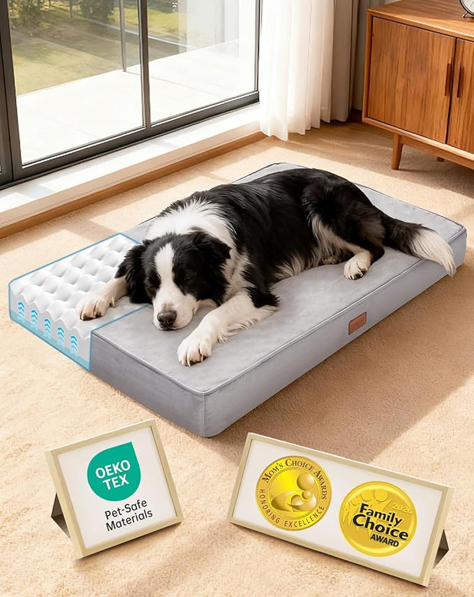 OhGeni Orthopedic Waterproof Dog Bed for Medium Large Dogs, Machine-Washable Removable Cover in Easy-Clean Fabric, Reversible Memory Foam & Easy-Carry Handle, Suitable for Crate, 35 inch (Gray)