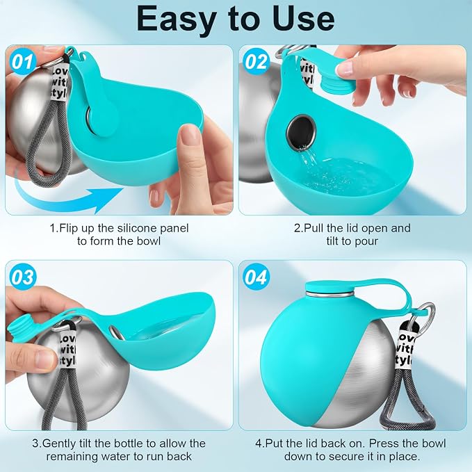 2 in 1 Dog Water Bottle with Bowl, 10oz Stainless Steel Travel Pet Water Dispenser, No-Spill Leak-Proof Design with Silicone Bowl, Compact Pet Drinking Bowl for Puppies Outdoor (Blue)