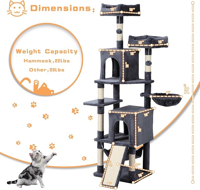 Letkind Cat Tree, 70-Inch Cat Tree Tower with Hammock, Scratching Post, Condo and Multi-Level Cat Tower, Large Cat Activity Center Playhouse, Dark Gray LCT015