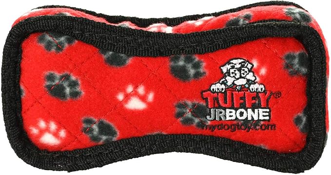 TUFFY - World's Tuffest Soft Dog Toy - Junior Bone -Squeakers -Multiple Layers. Made Durable, Strong & Tough.Interactive Play(Tug, Toss & Fetch). Machine Washable & Floats (Red Paw, Bone2 2 Pack)