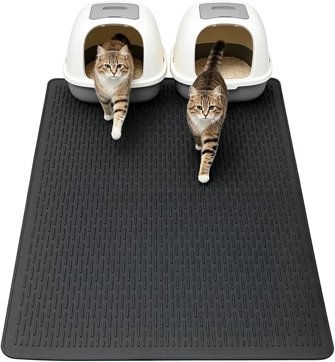 Cat Litter Mat, 39x27in Litter Box Mat Fits 1-2 Litter Boxes, Black | Large Litter Trapping Mat, Rubber Cat Mat with Raised Edges & Textured Surface, Non-Slip Bottom, Washable Easy Clean