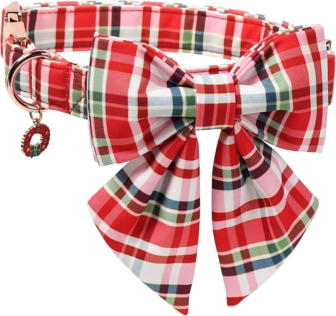 DOGWONG Christmas Dog Collar with Bow Tie - Christmas Red Plaid Puppy Collar, Adjustable Red Grid Dog Collars for Girl Boy Dogs, XL