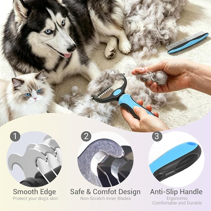 Dog Deshedding Rake for Shedding, Double-Sided Grooming Tool for Dogs & Cats, Gentle Skin-Friendly Pet Brush for Long and Short Hair Breeds, Removes Loose Hair and Keeps Coats Healthy (Brush)