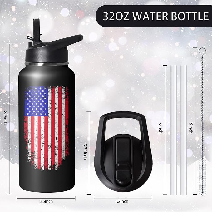 32oz American Flag Stainless Insulated Aater Water Bottle with Straw, American Flag Gym Hiking Sports Coffee Mug Cup Water Bottles,Patriotic Military Gifts For Veterans, Police