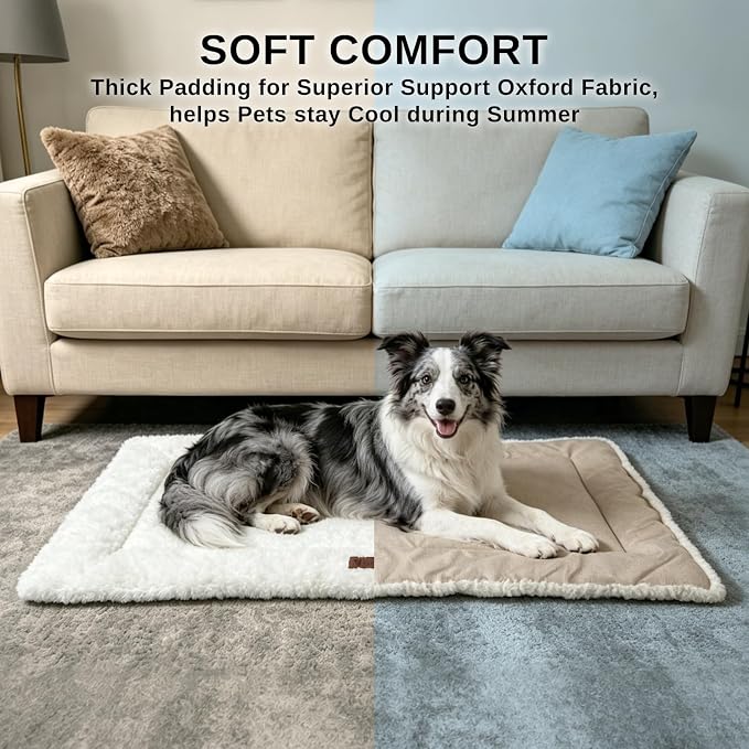 Reversible Dog Crate Mat for X-Large Dogs,Oxford & Fleece,47"x29",Beige | 1.2" Fill Preserves Crate Height,Fleece Cozy,Wipes Clean,Splash-Proof,Machine Washable, Folds Flat For 30" Wire Crate & Go