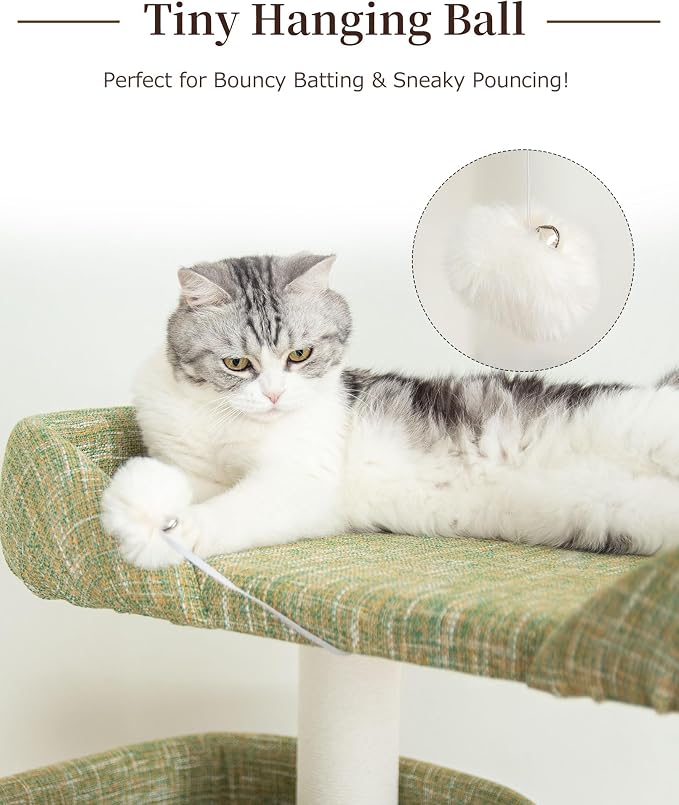 53'' Cat Tree for Large Cat, Modern Senior Friendly Cat Tower with Wide Shelves Low Step, Cotton Scratching Posts, Super Sturdy Base, Cozy Perches, and Interactive Toys (Green)