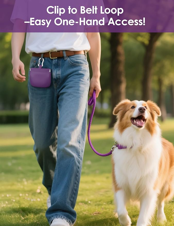 1 Cup Silicone Dog Training Treat Pouch(Purple) | Clip on Leash or Belt Loop, One-Hand Access with Pull Tab, Small Pocket Sized, Auto Closing Lid for Pet Training & Walking