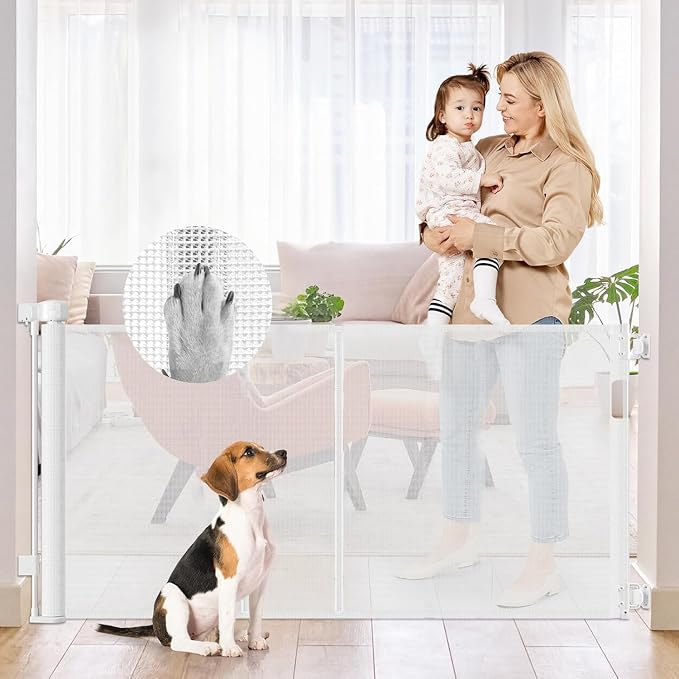 Reinforced 50" Wide Retractable Baby Gates for Doorways, Retractable Dog Gate for Stairs with Support Rods – Prevent Crawling Under, Outdoor Indoor Mesh Baby Gate Retractable Gates for Dogs, White