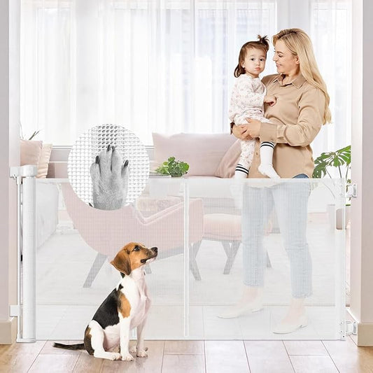 Reinforced 50" Wide Retractable Baby Gates for Doorways, Retractable Dog Gate for Stairs with Support Rods – Prevent Crawling Under, Outdoor Indoor Mesh Baby Gate Retractable Gates for Dogs, White