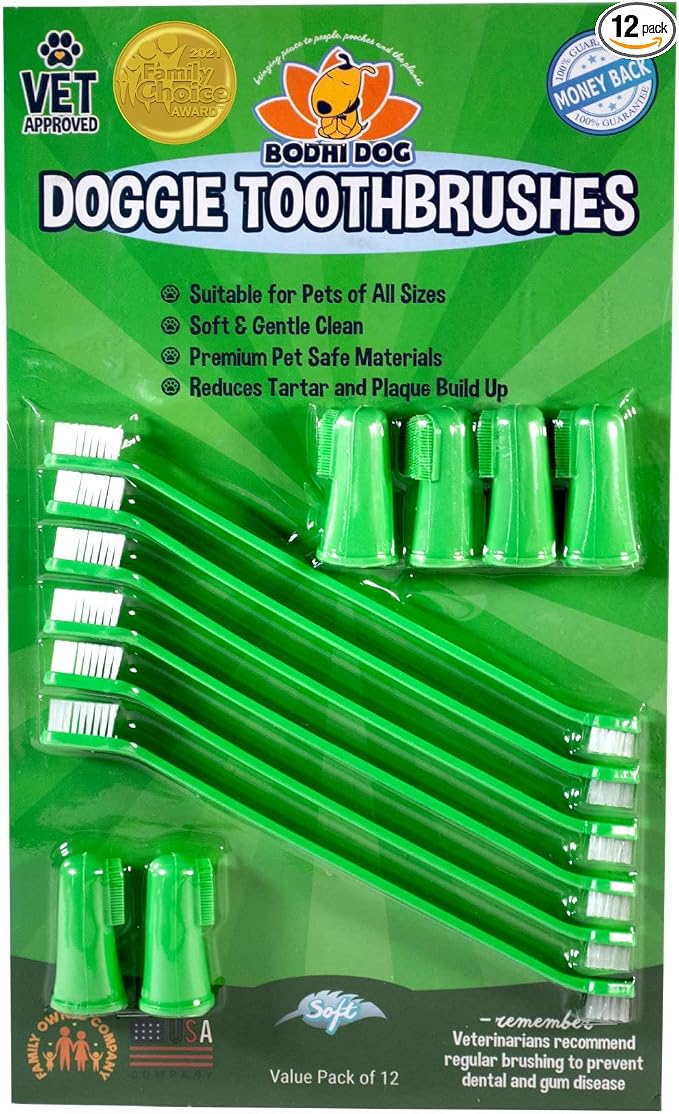 Bodhi Dog Toothbrush Combo Pack - Soft Finger & Dual-Ended Brushes - Gentle Bristles for Dogs & Cats - Easy Teeth Cleaning (6 Long & 6 Finger)