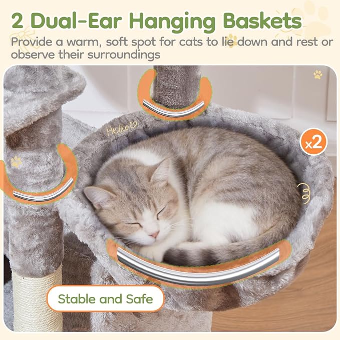 Taoqimiao Cat Tree for Large Cats, 76.8 Inches XL Cat Tower for Indoor Cats | 2 Scratch Boards, 3 Top Perches, 9 Scratching Posts, Multi-Level Cat Tree with 2 Condos, 2 Cozy Basket, Light Gray, T20W